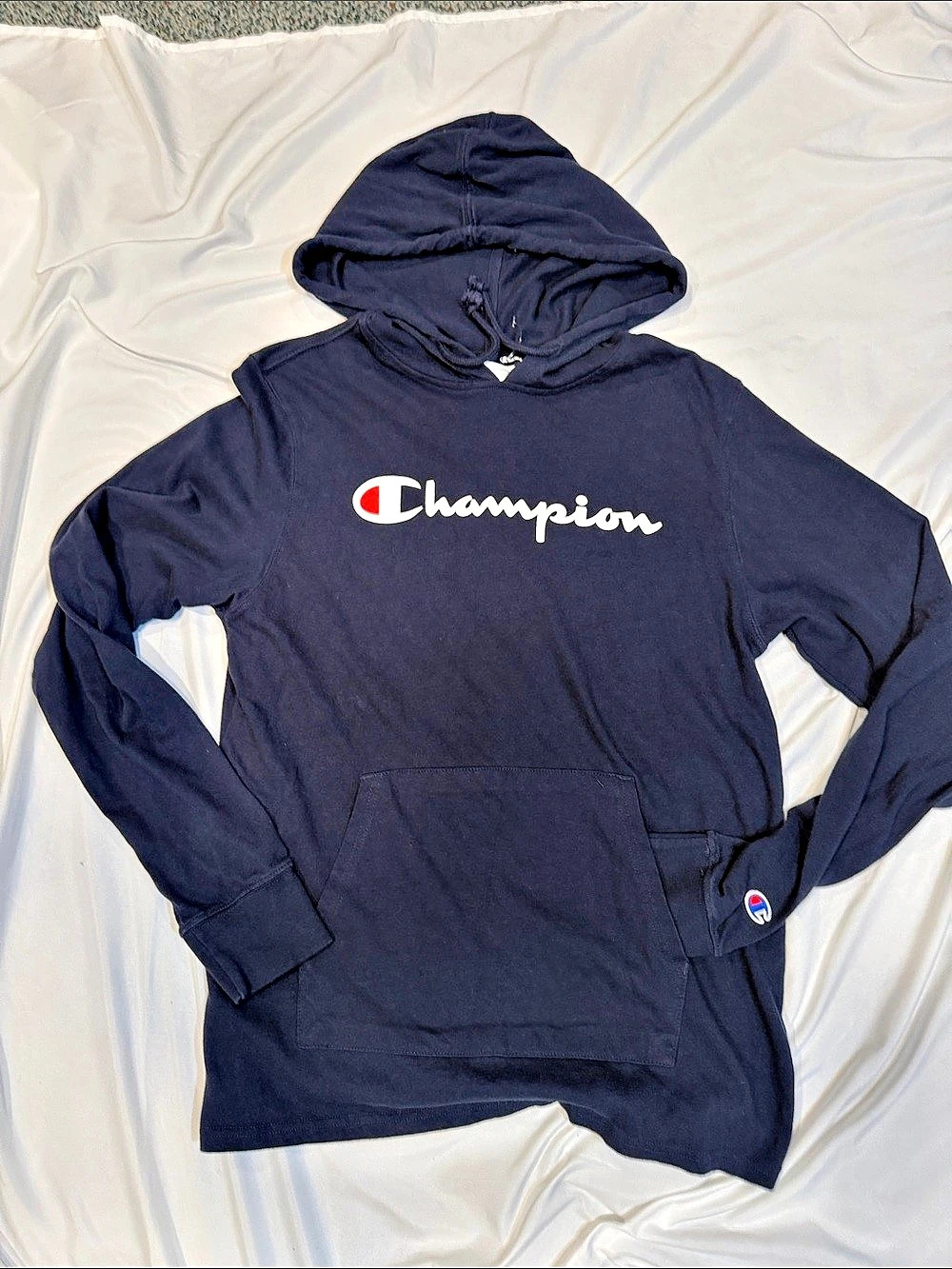 Champion Script Logo Pullover Hoodie Men's Cotton Size Medium- navy blue